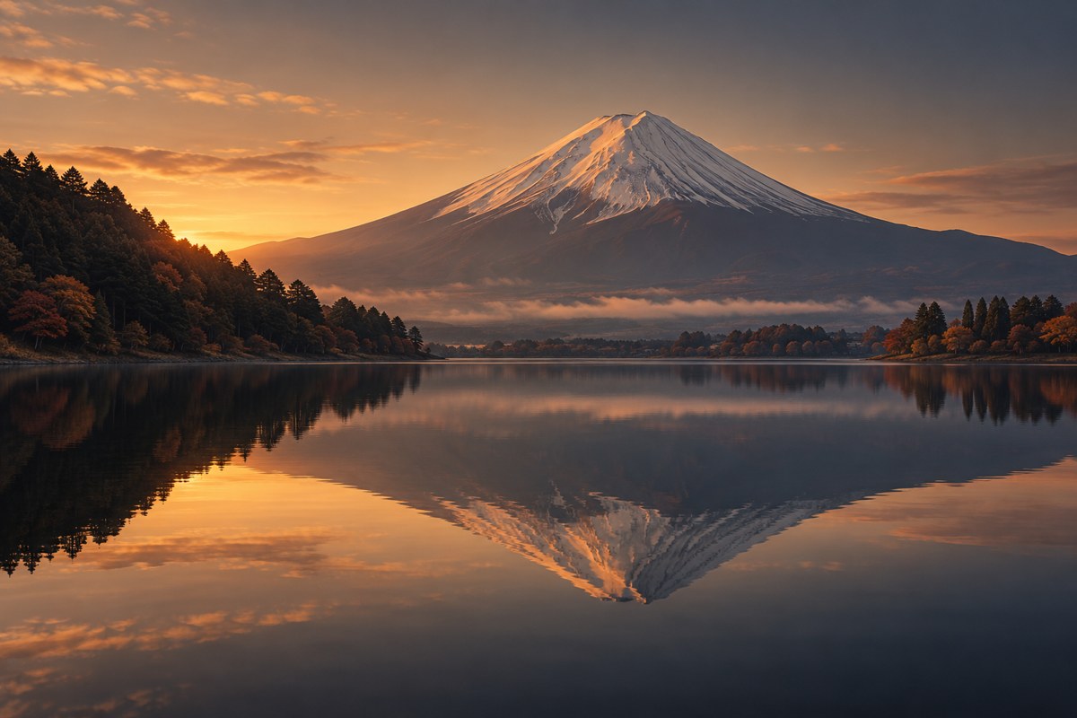 Mount Fuji under a wide evening sky