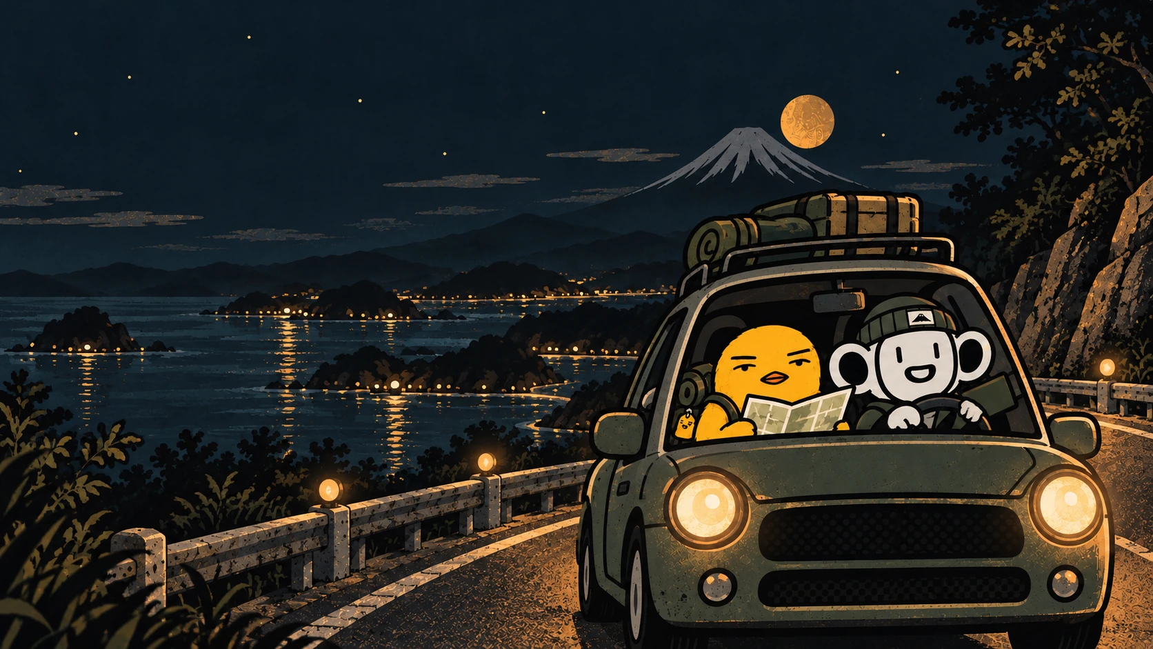 Two mascots driving together on a Japanese mountain road
