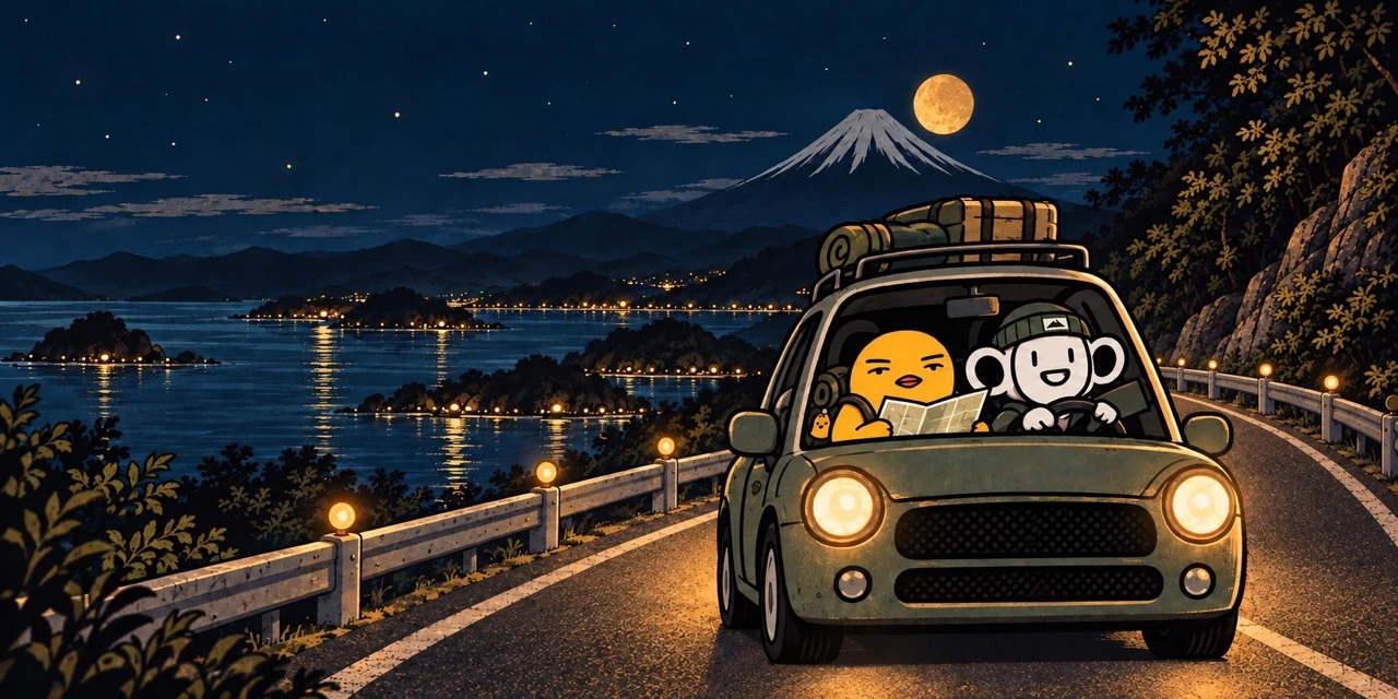 Two mascots driving together on a Japanese mountain road