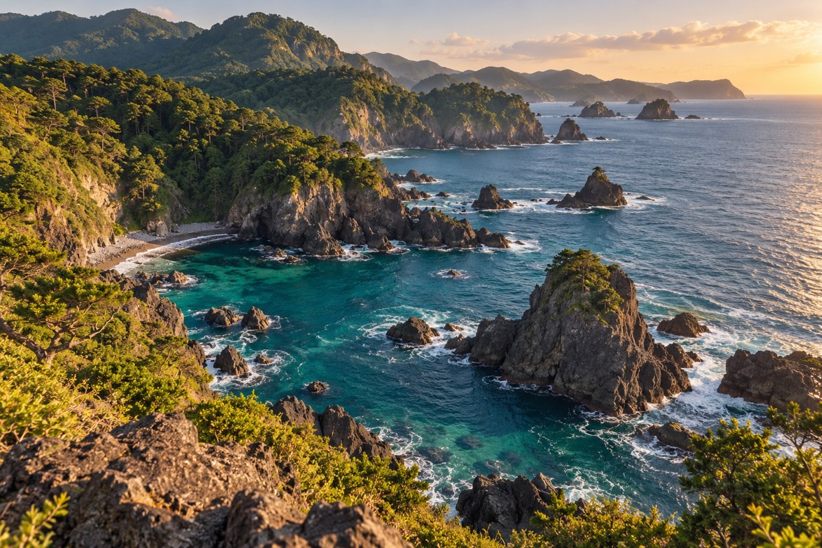 Quiet Izu coast with waves below the cliffs